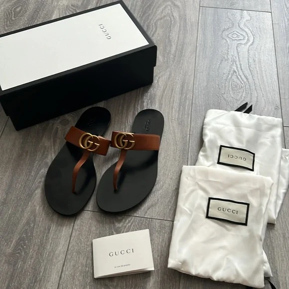 Authentic Gucci Brown and Black Sandals with Signature GG Logo. Size 37.5/7.5 - Picture 8 of 8